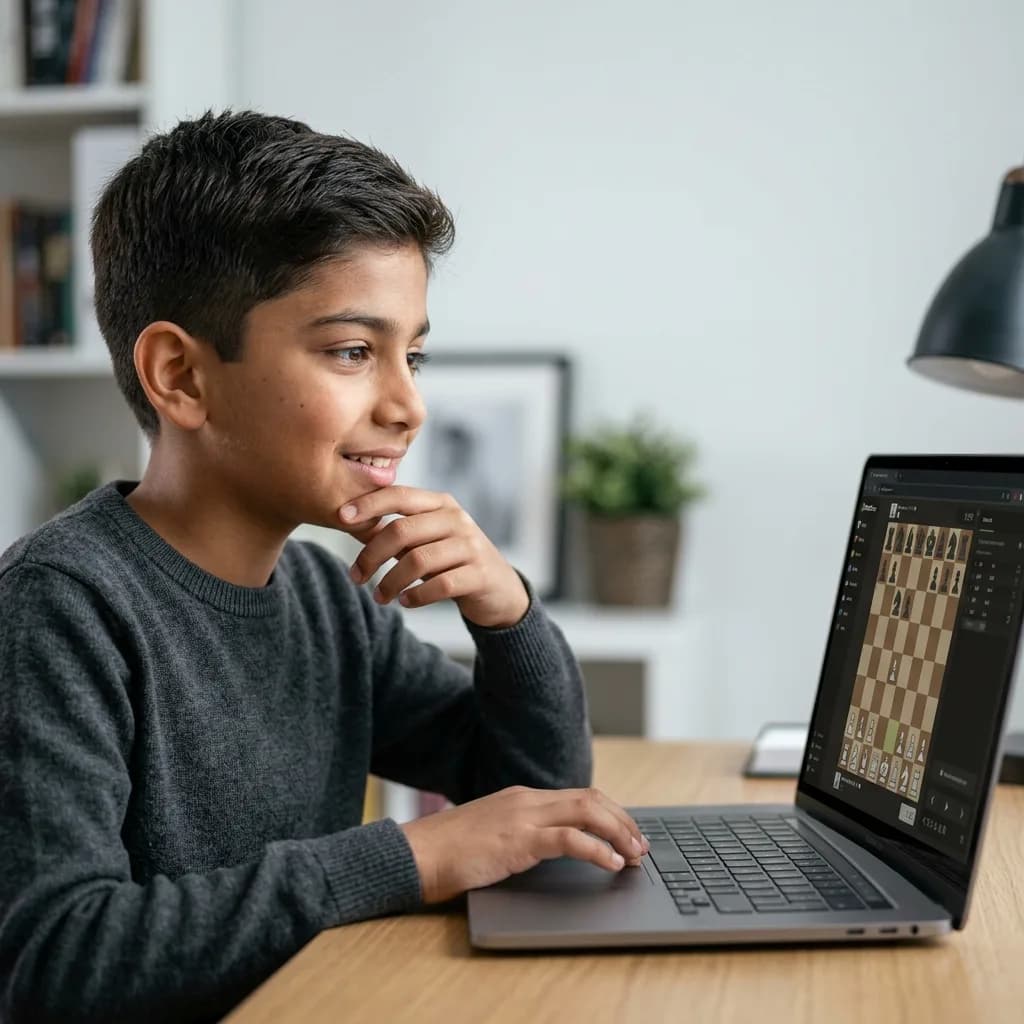 A child focused on a chess position